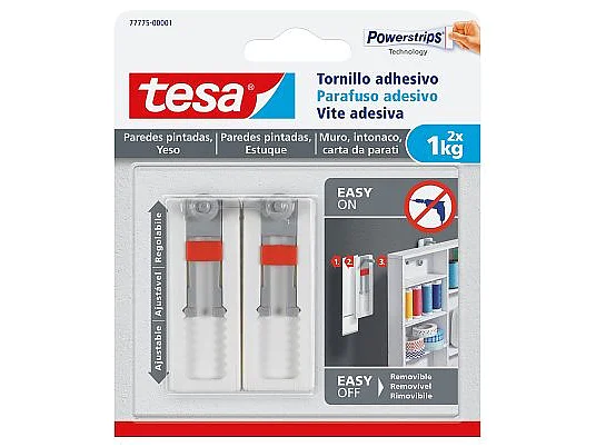 Packaging for tesa tape adhesive screws, featuring two screws. The top reads Powerstrips Technology. Instructions show they are suitable for painted walls and easy to apply and remove, supporting up to 1kg each. (This text has been generated by AI)