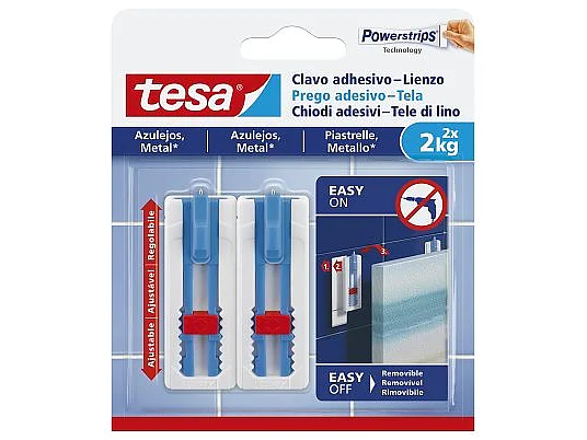 The image shows a package of tesa tape adhesive strips featuring two blue hooks and adjusters. The packaging highlights suitability for tiles and metal, and states that the strips can hold up to 2 kg. A diagram illustrates easy on/off use. (This text has been generated by AI)