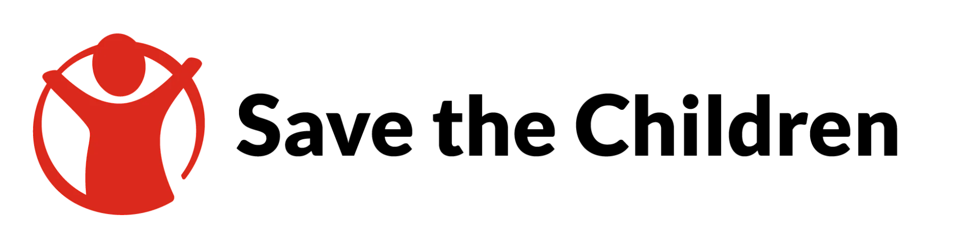 Red logo depicting a stylized figure with raised arms inside a circle, next to the text Save the Children in black. The design is simple and modern. (This text has been generated by AI)