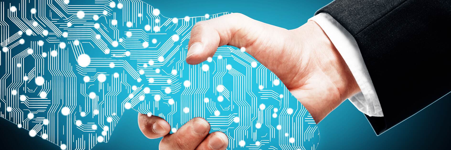 Digital handshake on blue background