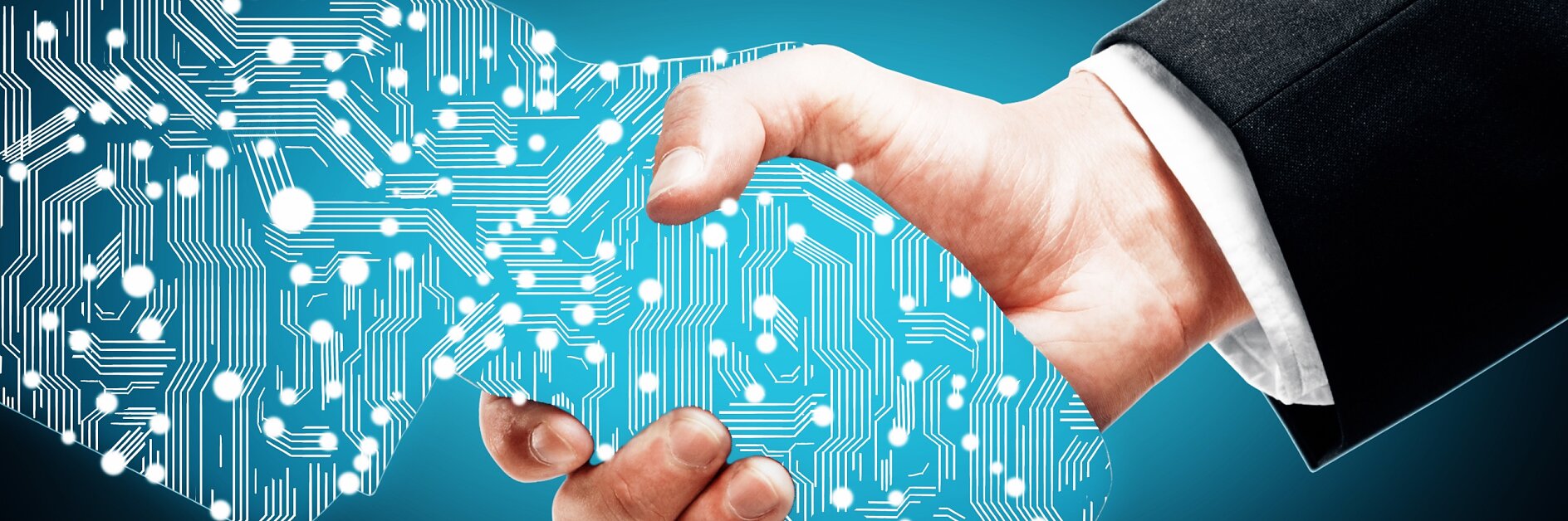 Businessman shaking digital partners hand on blue background