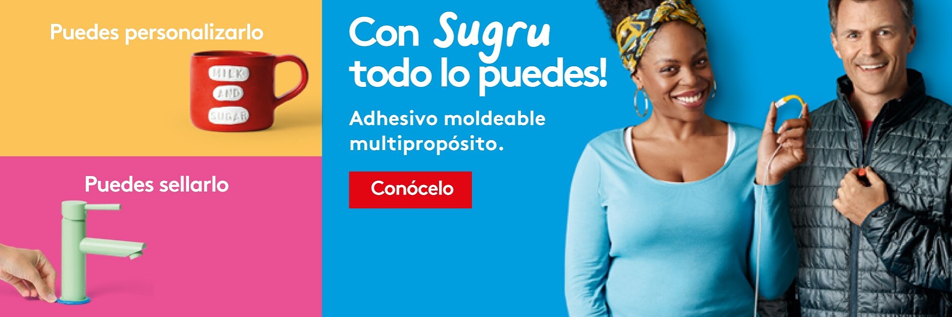 Anuncio del adhesivo moldeable Sugru. Una taza roja con etiquetas blancas, un grifo verde reparado y una mujer sonriente sosteniendo Sugru. Un hombre está de pie junto a ella con una mochila. El texto dice: ¡Con Sugru todo lo puedes! Adhesivo moldeable multipropósito. (This text has been generated by AI)