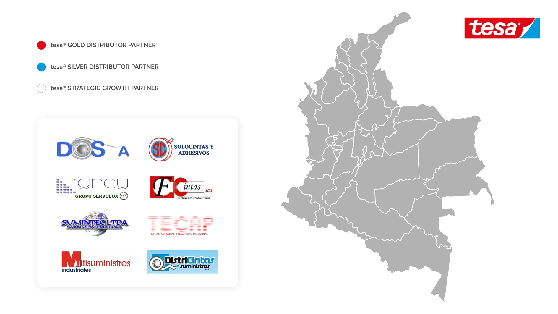 Mapa de Colombia con las regiones resaltadas. A la izquierda, logotipos de varias empresas, entre ellas DOS, Solcintas y Adhesivos, Grey, FGA, Suwhat, Tecap, M9Suministros y Districintas. Marca de la cinta tesa en la esquina superior derecha. (This text has been generated by AI)