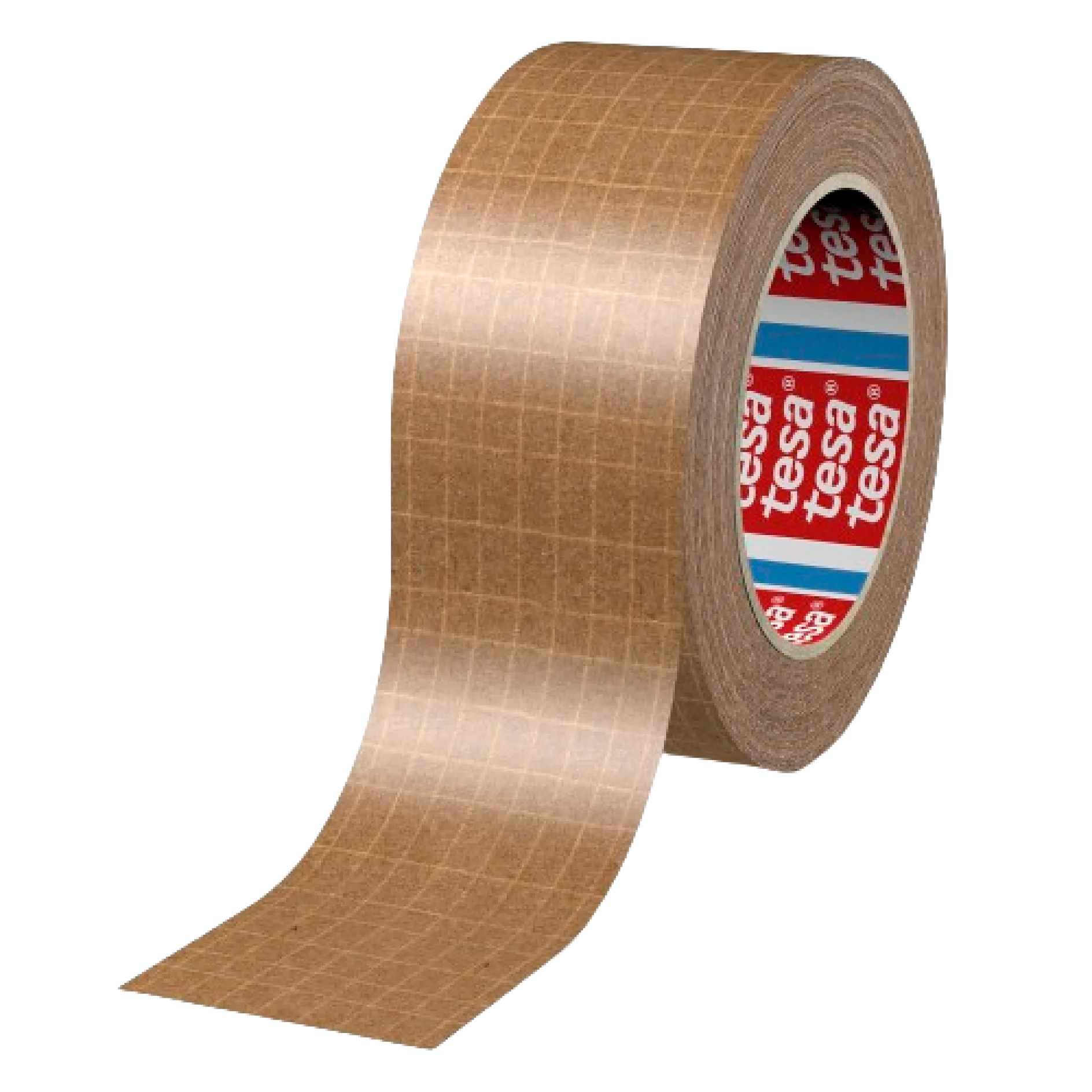 Un rollo de cinta adhesiva marrón Tesa con una tira parcialmente desenrollada que se extiende hacia adelante. La cinta Tesa tiene una textura cuadriculada y el núcleo interno está etiquetado con marcas rojas, blancas y azules. (This text has been generated by AI)