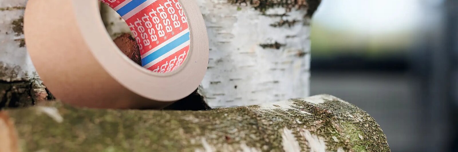 Un rollo de cinta tesa beige con la marca en rojo, azul y blanco se coloca entre troncos de abedul con corteza rugosa y texturizada. El entorno parece estar en un interior, con una iluminación suave que resalta la textura natural de los troncos y la cinta tesa. (This text has been generated by AI)