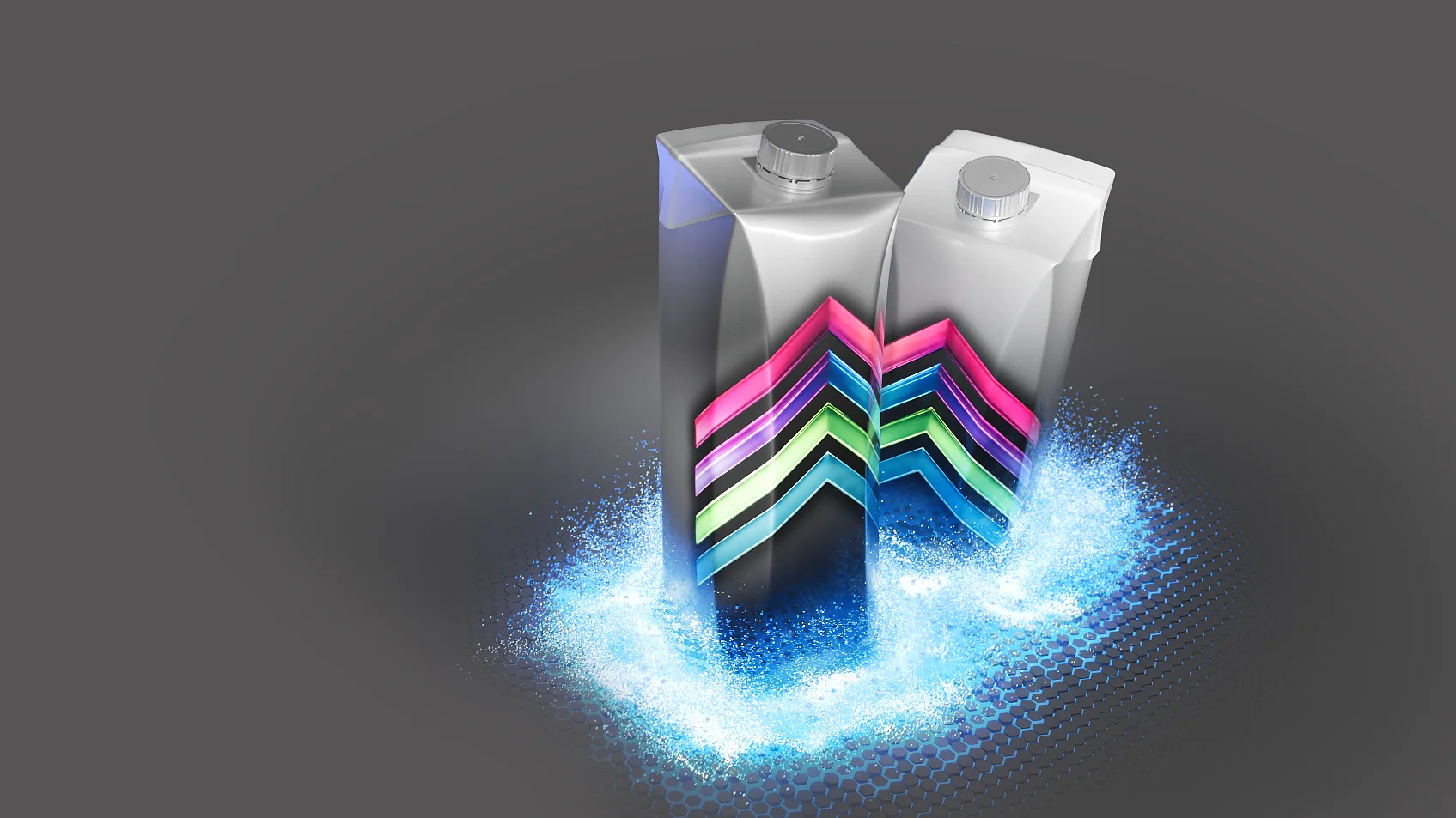 Two metallic cartons with caps are shown on a gray background. They have colorful, zigzagging stripes in pink, blue, and green. A blue, glowing aura surrounds the bases of the cartons, creating a dynamic visual effect. (This text has been generated by AI)