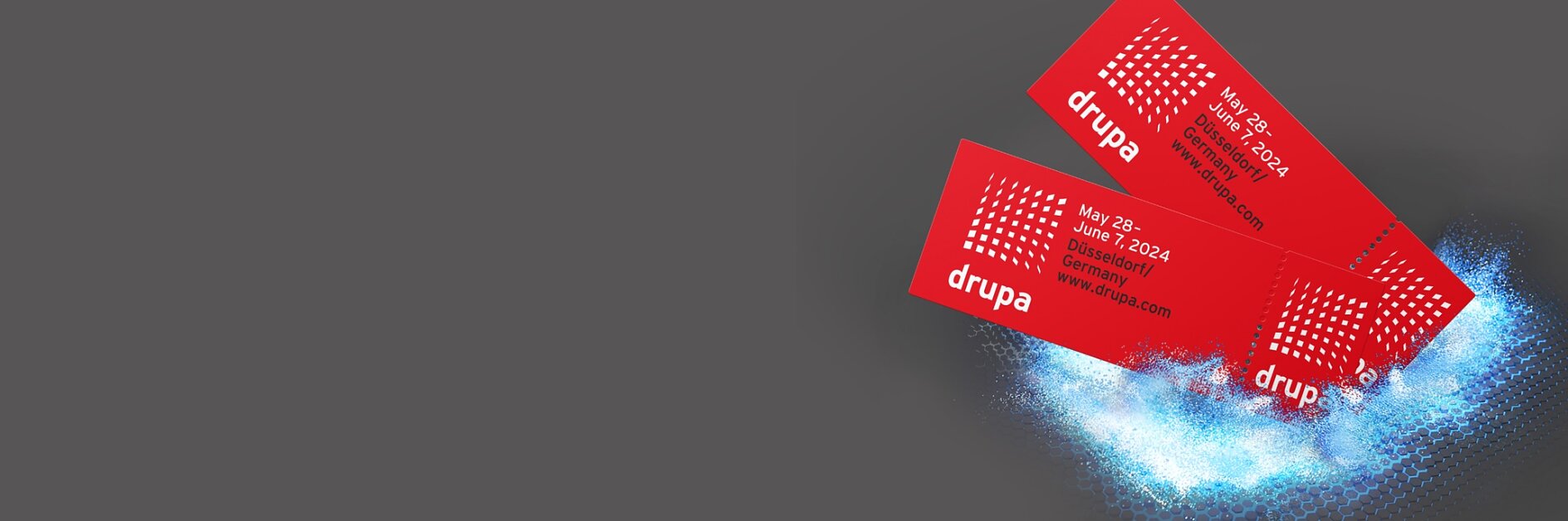 Two red event tickets with the word drupa are secured using tesa tape on a textured blue surface on the right side of the image. The background is a plain dark gray. (This text has been generated by AI)