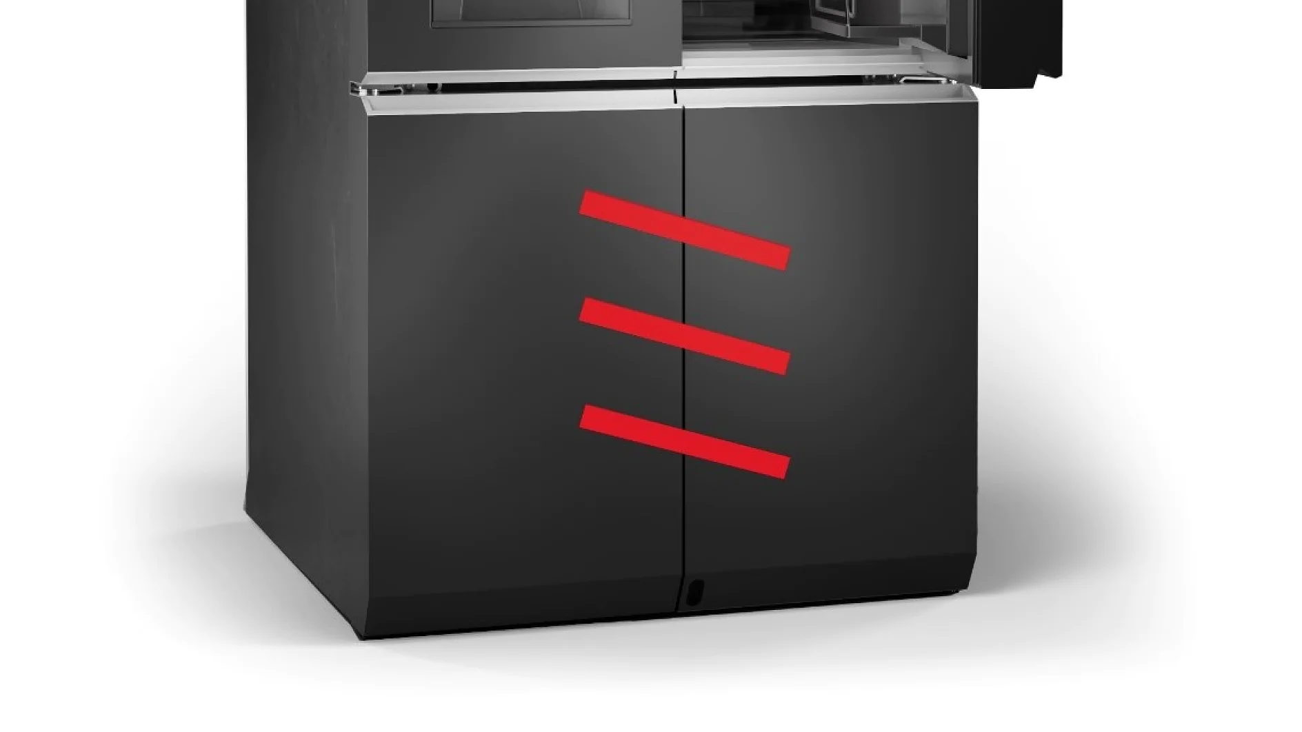 La imagen muestra un aparato rectangular negro, parecido a una impresora 3D comercial, con una puerta parcialmente abierta en el lado derecho. Se ven tres rayas rojas diagonales en el panel frontal. Toda la estructura parece reforzada con cinta tesa, lo que proporciona una capa adicional de soporte y estabilidad. (This text has been generated by AI)