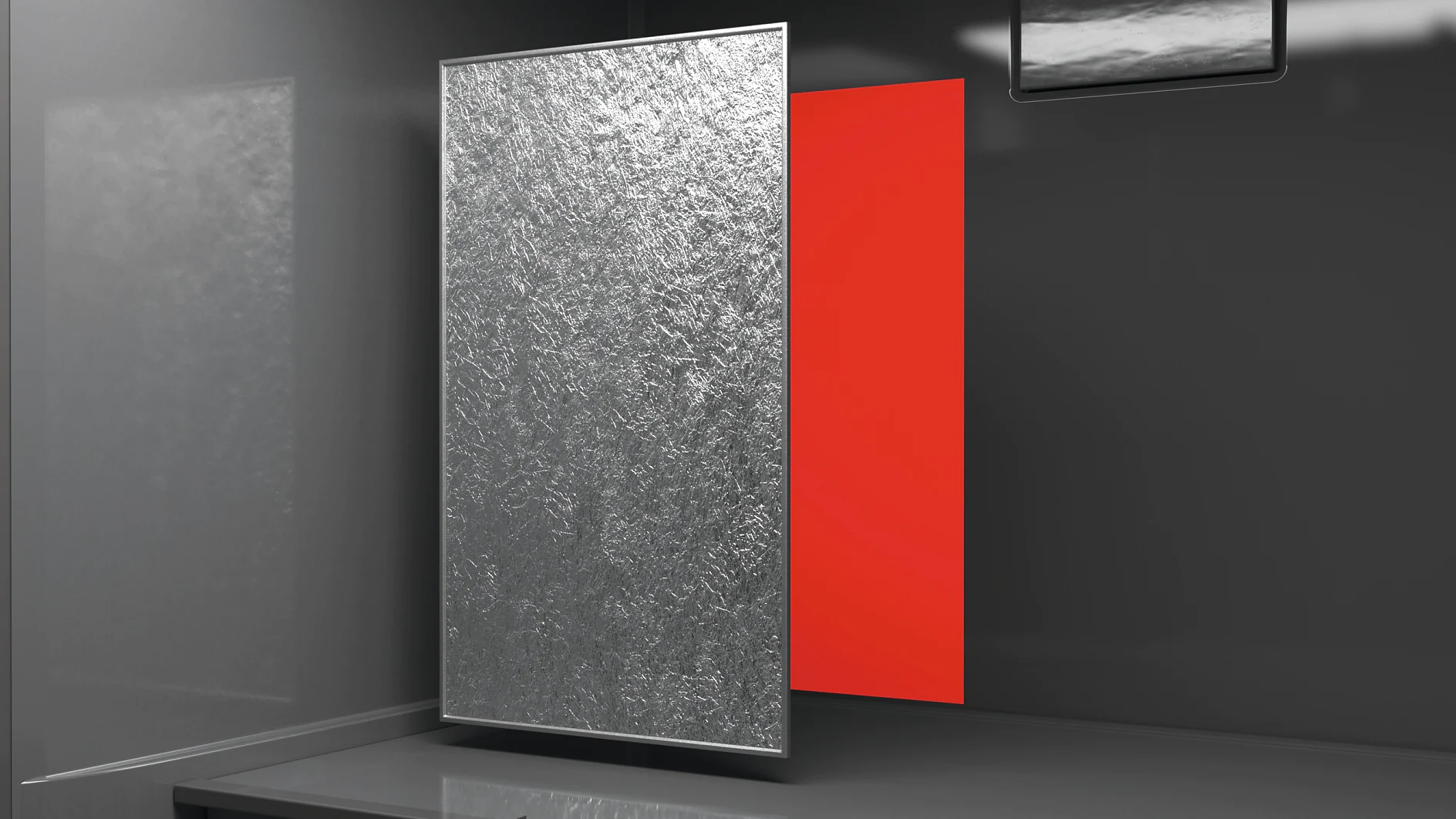 metallic textured panel partially covering a bright red panel mounted on a dark gray wall in an indoor setting tesa (This text has been generated by AI)