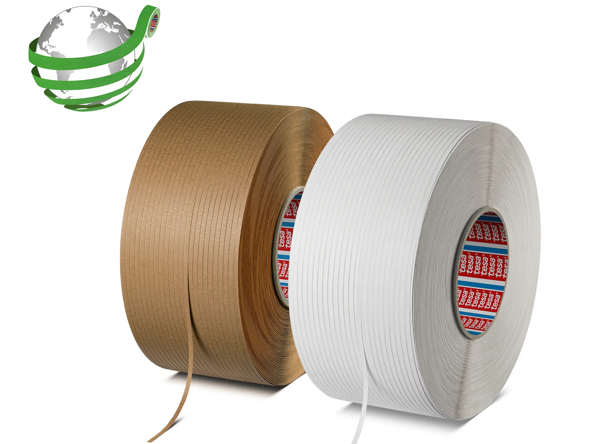 two rolls of tesa adhesive tape, one brown and one white, displayed on a white background with a green globe logo and a red "new" label