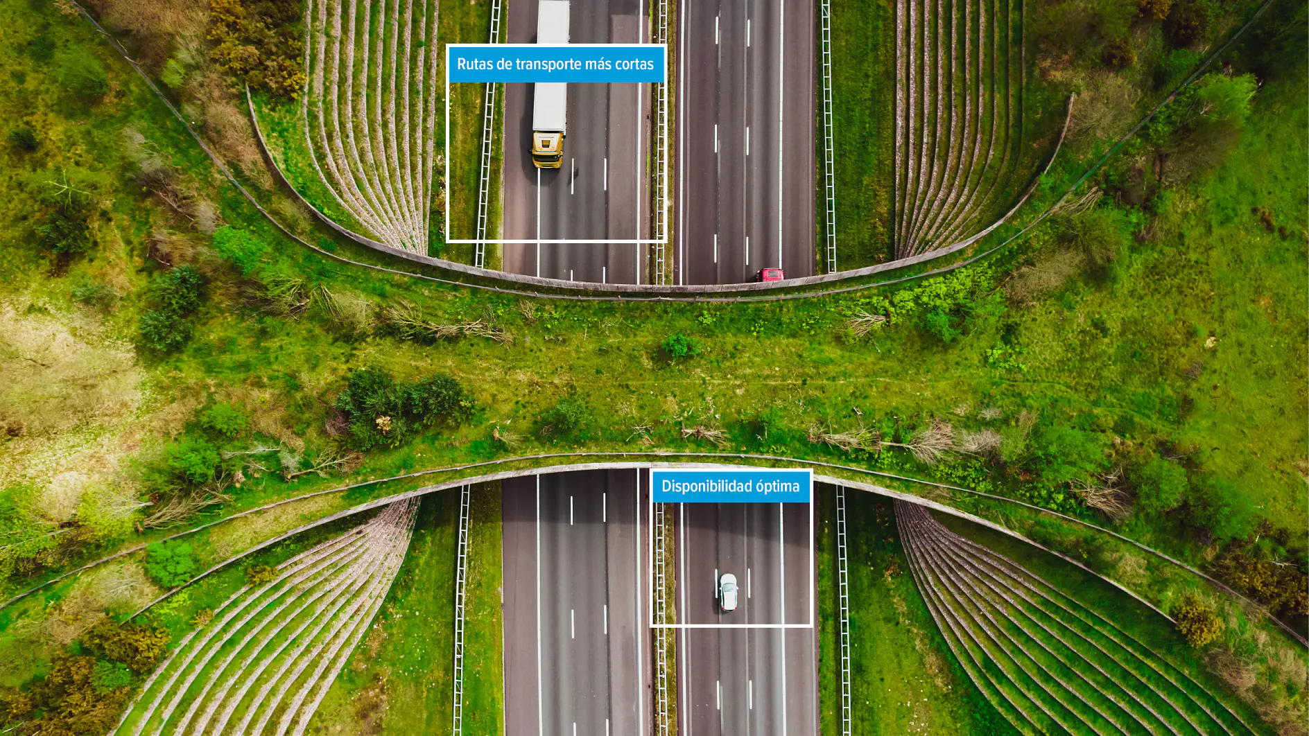 Vista aérea de una autopista dividida con vehículos, paisaje verde y rótulos azules en español: "Rutas de transporte más cortas" y "Disponibilidad óptima". No se ve cinta tesa. (This text has been generated by AI)