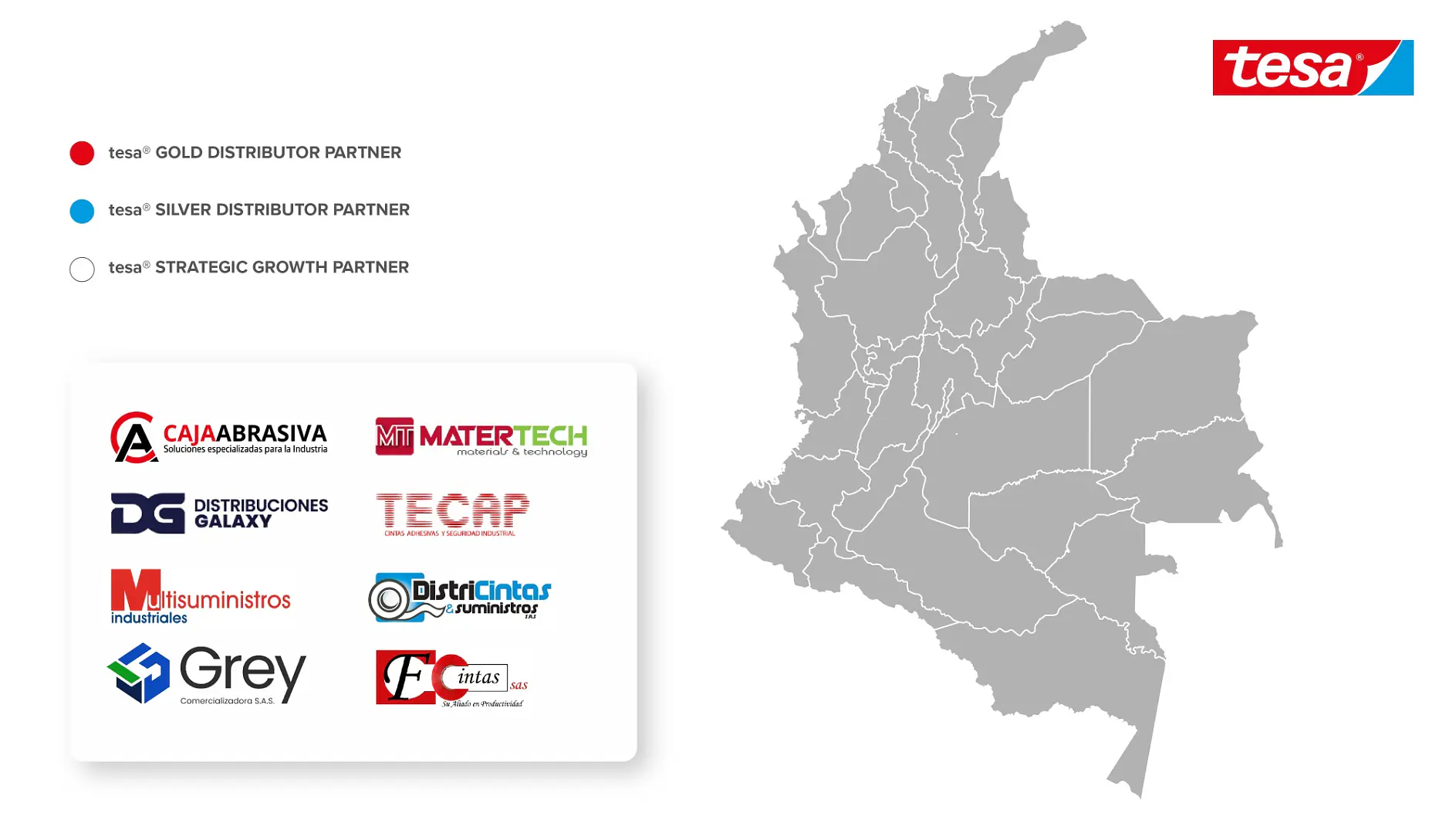 A la derecha, un mapa gris de Colombia. A la izquierda, logotipos de empresas marcadas como socios distribuidores de cinta tesa mediante la leyenda de colores anterior. (This text has been generated by AI)