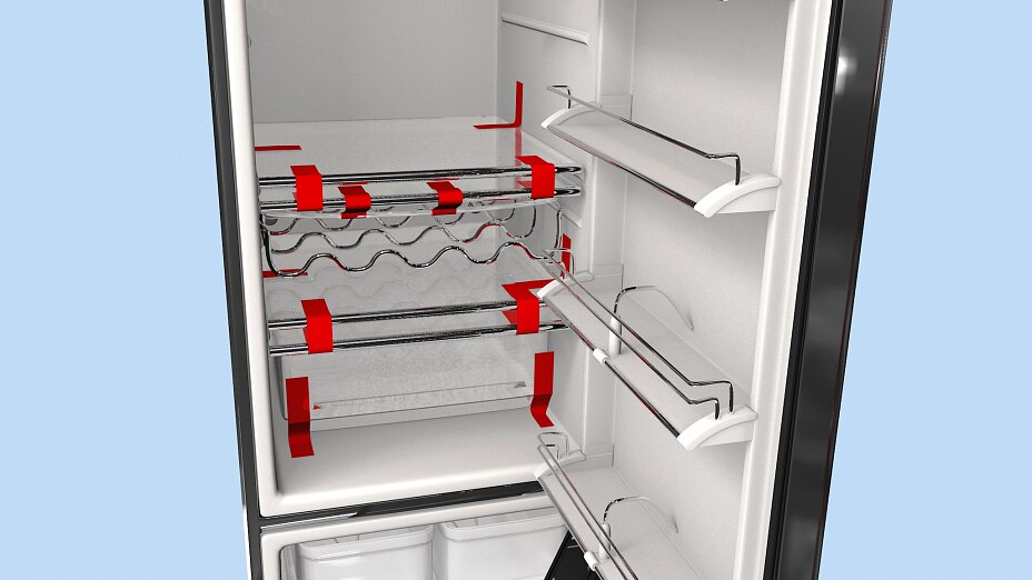 Electrodomésticos: Protección de cestas y estantes durante el transporte Durante el transporte, los estantes de cristal y las cestas sueltas se fijan con cinta adhesiva.