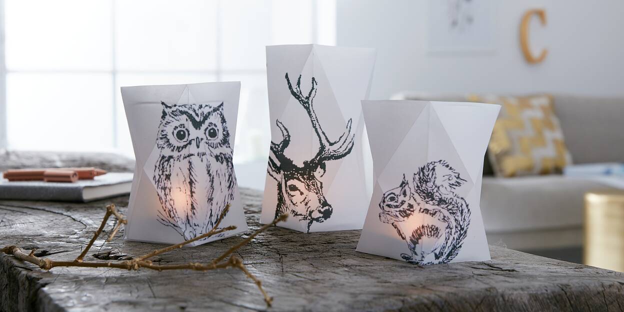 Not only all colors will agree in the dark. Also the forest animals shed their colors and appear in black. However, the candles in the folded paper lanterns make the animals glow.