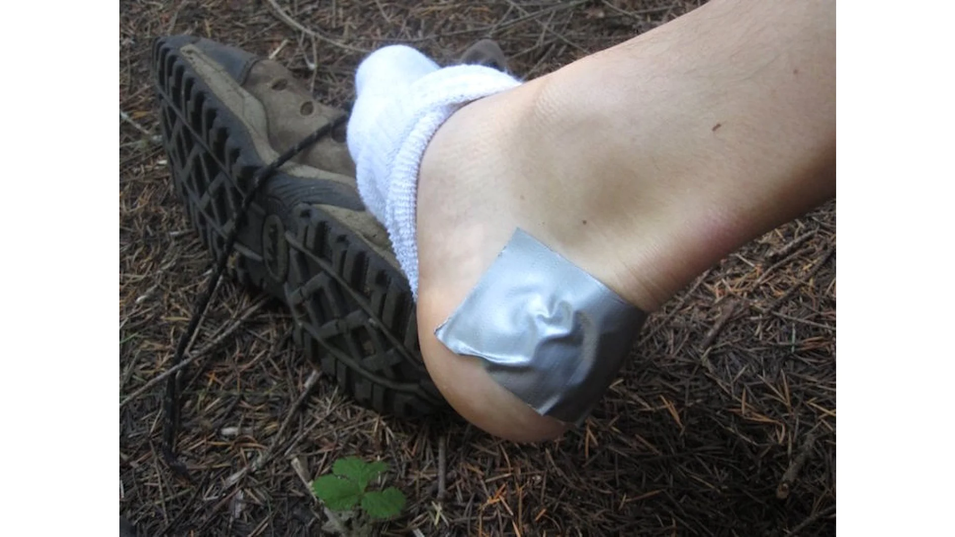 Primer plano del pie de una persona que muestra una zapatilla de senderismo, un calcetín y un trozo de cinta adhesiva en el talón. La persona está de pie sobre el suelo de un bosque cubierto de hojas secas y agujas de pino. (This text has been generated by AI)