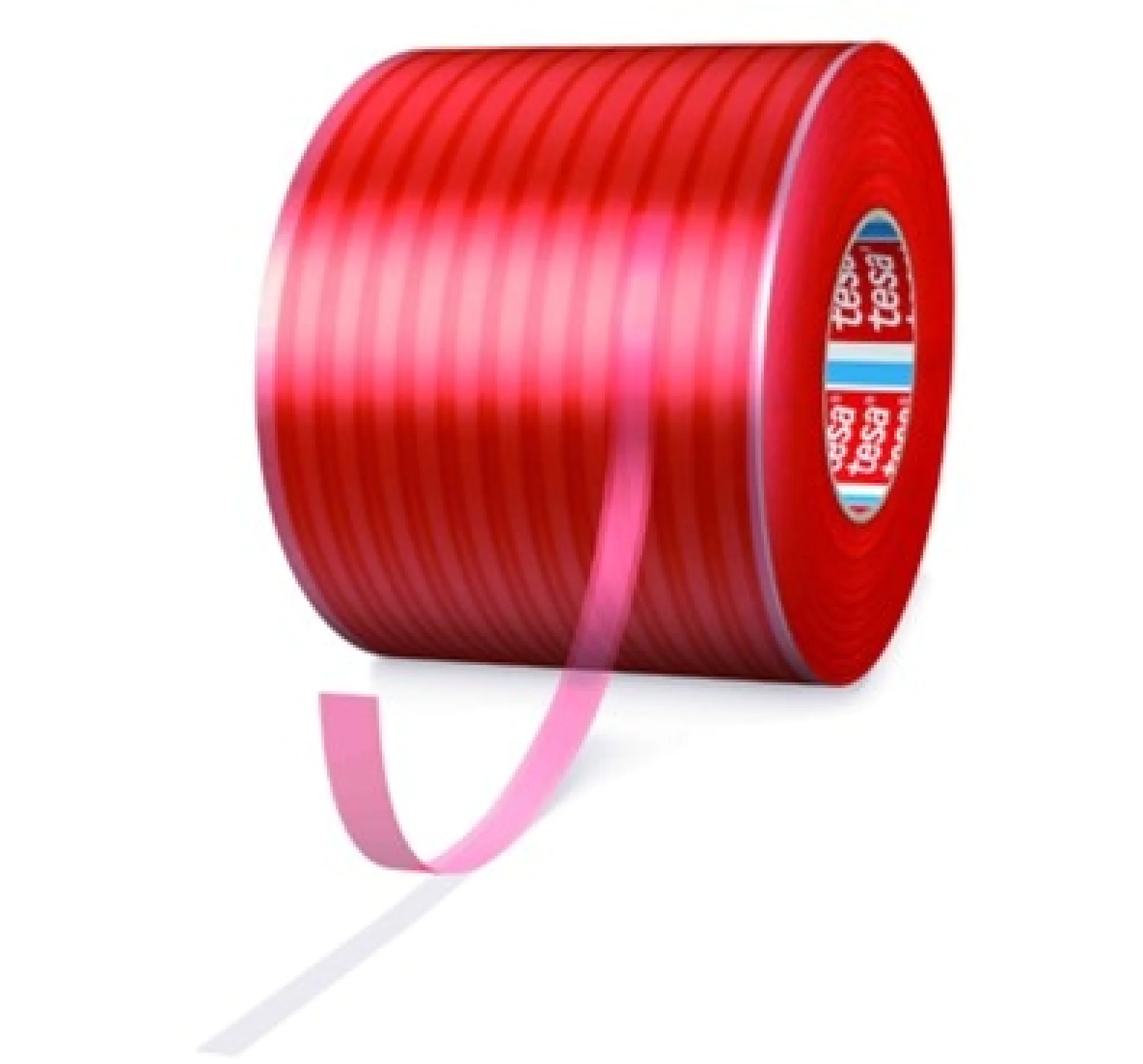 Un rollo grande de cinta adhesiva roja tesa con una tira parcialmente desenrollada. La cinta tesa tiene una superficie brillante y el núcleo interior presenta un logotipo rojo y azul con texto blanco. La cinta tesa se muestra sobre un fondo blanco. (This text has been generated by AI)