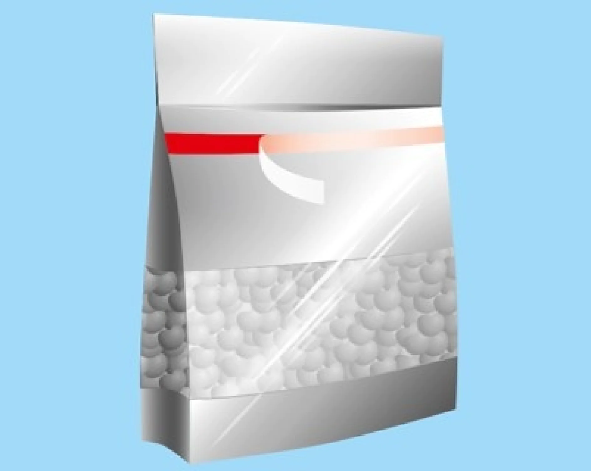 Ilustración de una bolsa de plástico gris con base en forma de L con una sección transparente que revela un contenido pequeño y redondo de color blanco. La bolsa tiene una franja horizontal roja en la parte superior. El fondo es azul claro y recuerda al sellado confiable que proporciona la cinta Tesa. (This text has been generated by AI)