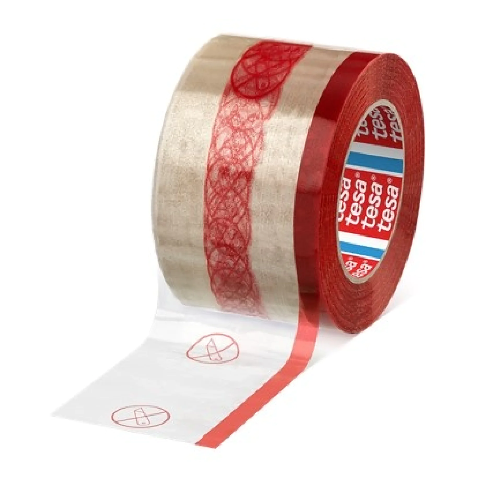 Un rollo de cinta de embalaje transparente Tesa con bordes rojos y símbolos de advertencia rojos que representan huellas de manos tachadas. La etiqueta interior muestra el nombre de la marca Tesa en rojo y azul. (This text has been generated by AI)