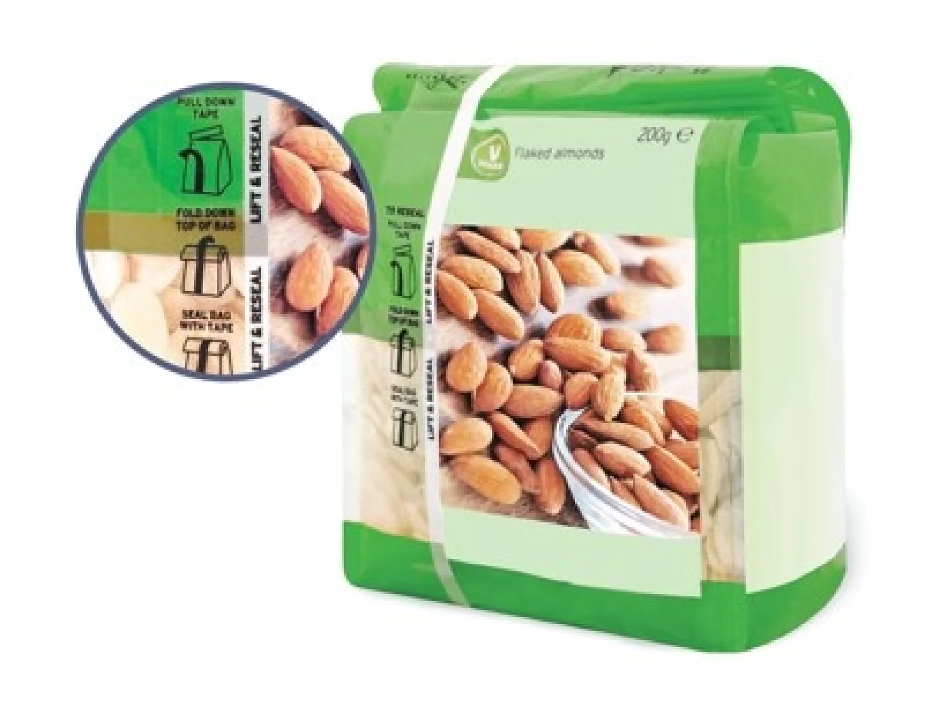 Un paquete verde y blanco de almendras en láminas que pesa 200 g. En el frente se muestran las almendras y las instrucciones de reciclaje. En un recuadro se muestran los detalles de la parte superior resellable con instrucciones para bajar la cinta Tesa y doblar la parte superior de la bolsa. (This text has been generated by AI)