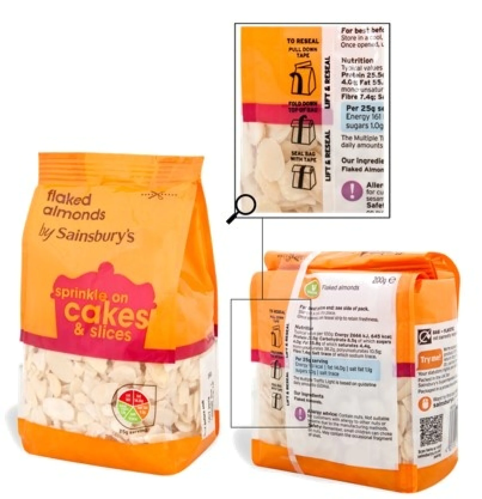 Una bolsa naranja de almendras en láminas con vistas frontal y posterior. La parte frontal muestra la marca y el nombre del producto: Almendras en láminas, para espolvorear sobre pasteles y rebanadas. La parte posterior incluye una tabla nutricional, un símbolo de reciclaje con cinta tesa e instrucciones de almacenamiento aseguradas con cinta tesa. (This text has been generated by AI)