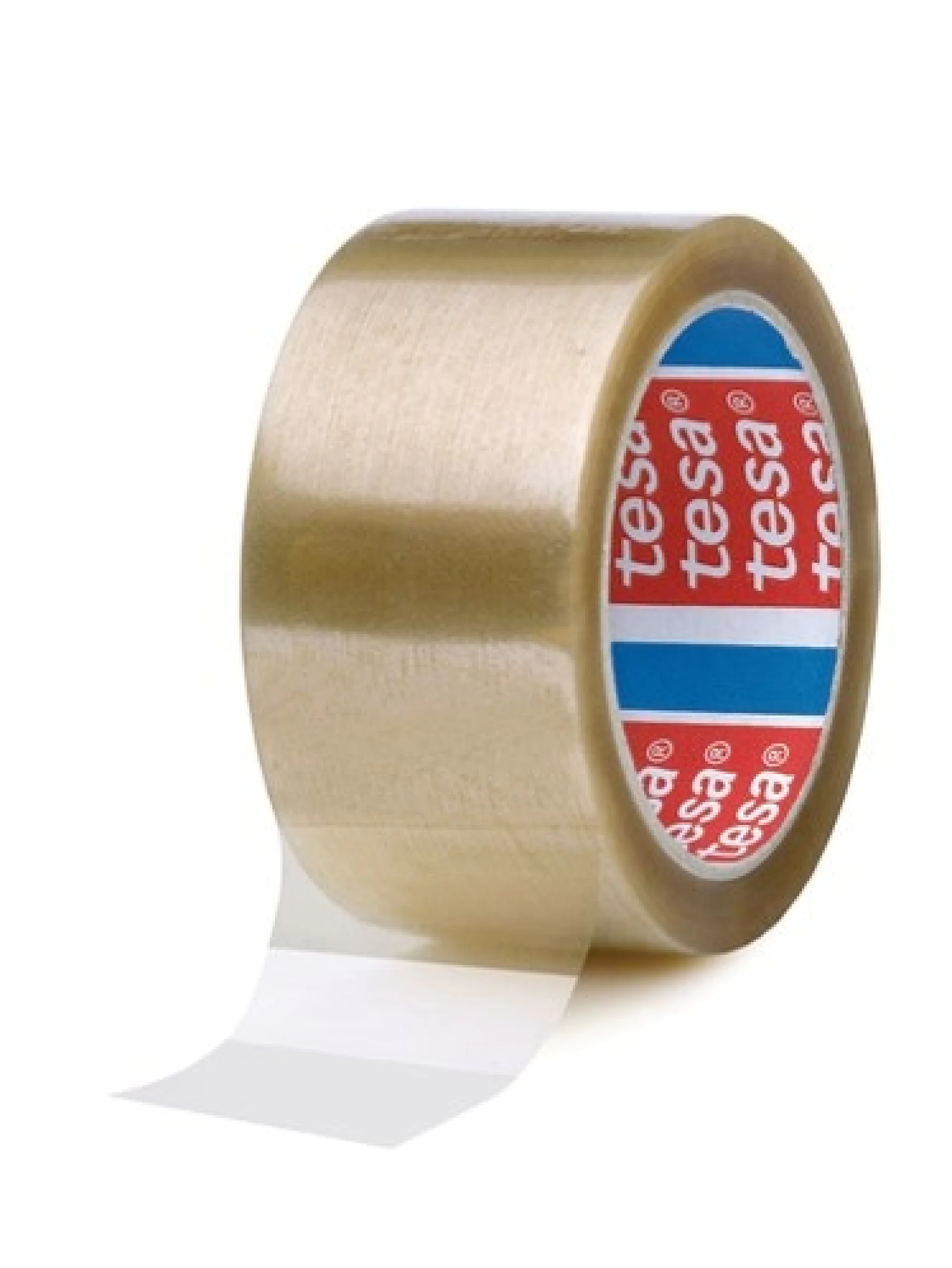Un rollo de cinta de embalaje transparente Tesa con una tira parcialmente desenrollada. La cinta Tesa tiene un tono beige. El núcleo interior tiene un logotipo azul y rojo que muestra la palabra tesa repetida varias veces. (This text has been generated by AI)