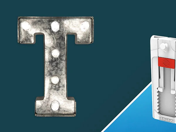A metallic letter T with illuminated bulbs on a teal background is on the left. On the right, a white plastic gadget with tesa tape features a red slider and jagged edges, displayed on a blue background with a diagonal divide. (This text has been generated by AI)