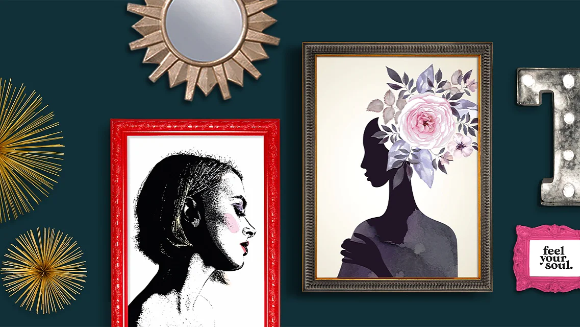 A dark green wall displays various decorative items: a round sunburst mirror, gold starburst sculptures, framed silhouette art of a woman with a flower, and a red-framed portrait. Also shown are a marquee letter T and a small frame with feel your soul. Everything is securely attached using tesa tape for reliable hold. (This text has been generated by AI)