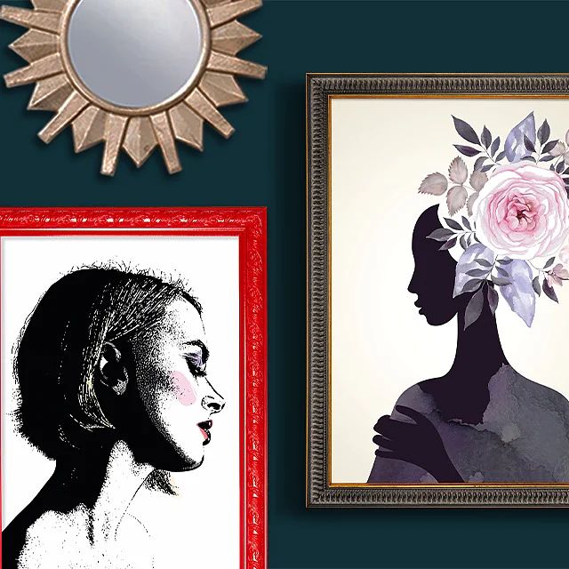 A dark green wall displays various decorative items: a round sunburst mirror, gold starburst sculptures, framed silhouette art of a woman with a flower, and a red-framed portrait. Also shown are a marquee letter T and a small frame with feel your soul. Everything is securely attached using tesa tape for reliable hold. (This text has been generated by AI)