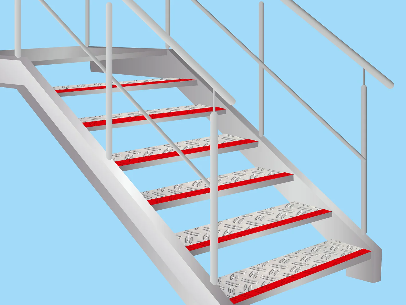 A metal staircase with five steps and railing on both sides is shown against a light blue background. Each step has a checkered pattern with tesa tape red edging. The angle gives a partial view of the staircase, suggesting an upward perspective. (This text has been generated by AI)