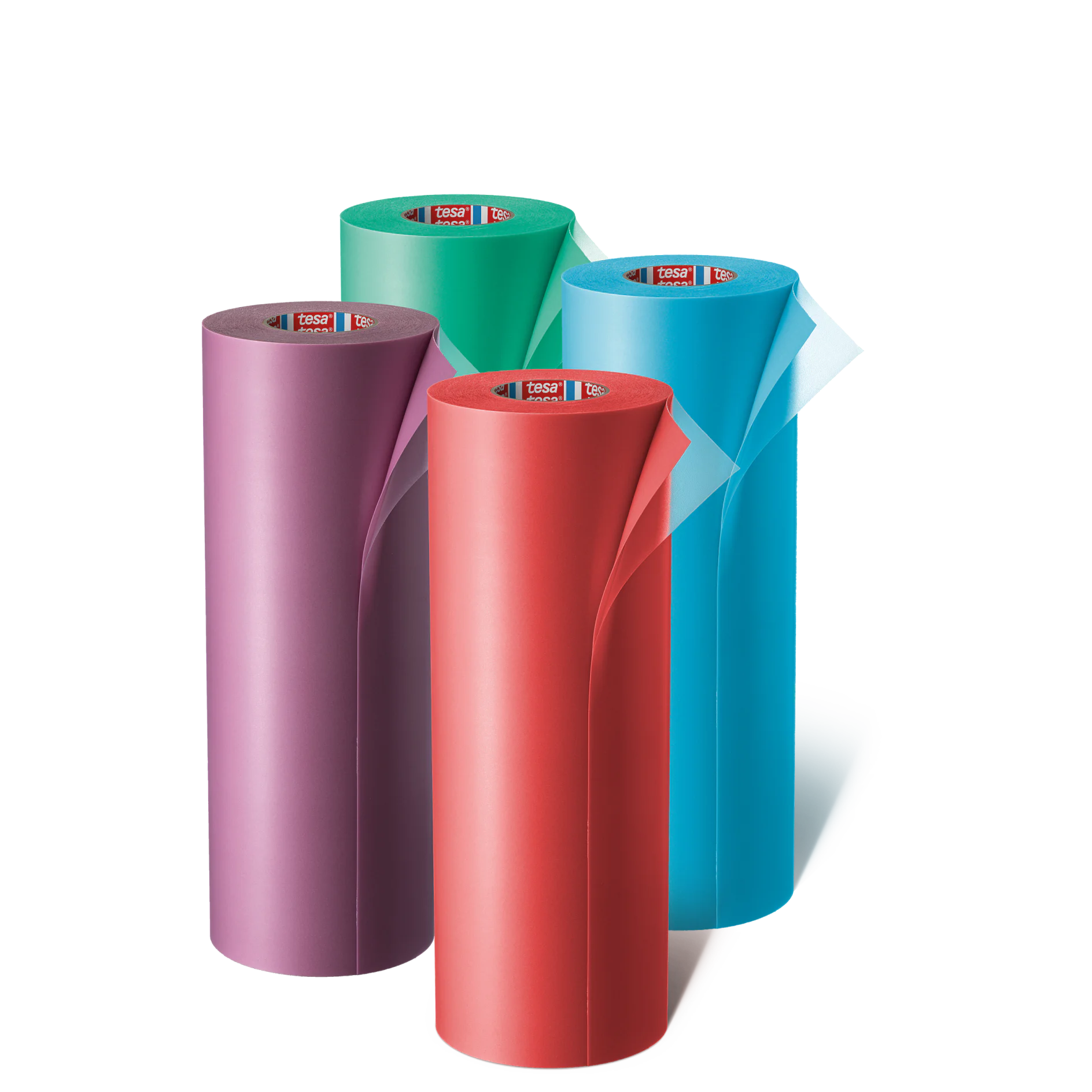 Four rolls of colorful tesa tape are shown standing upright. From left to right, the colors are purple, red, turquoise, and blue. Each roll is slightly unrolled, revealing the adhesive side. (This text has been generated by AI)