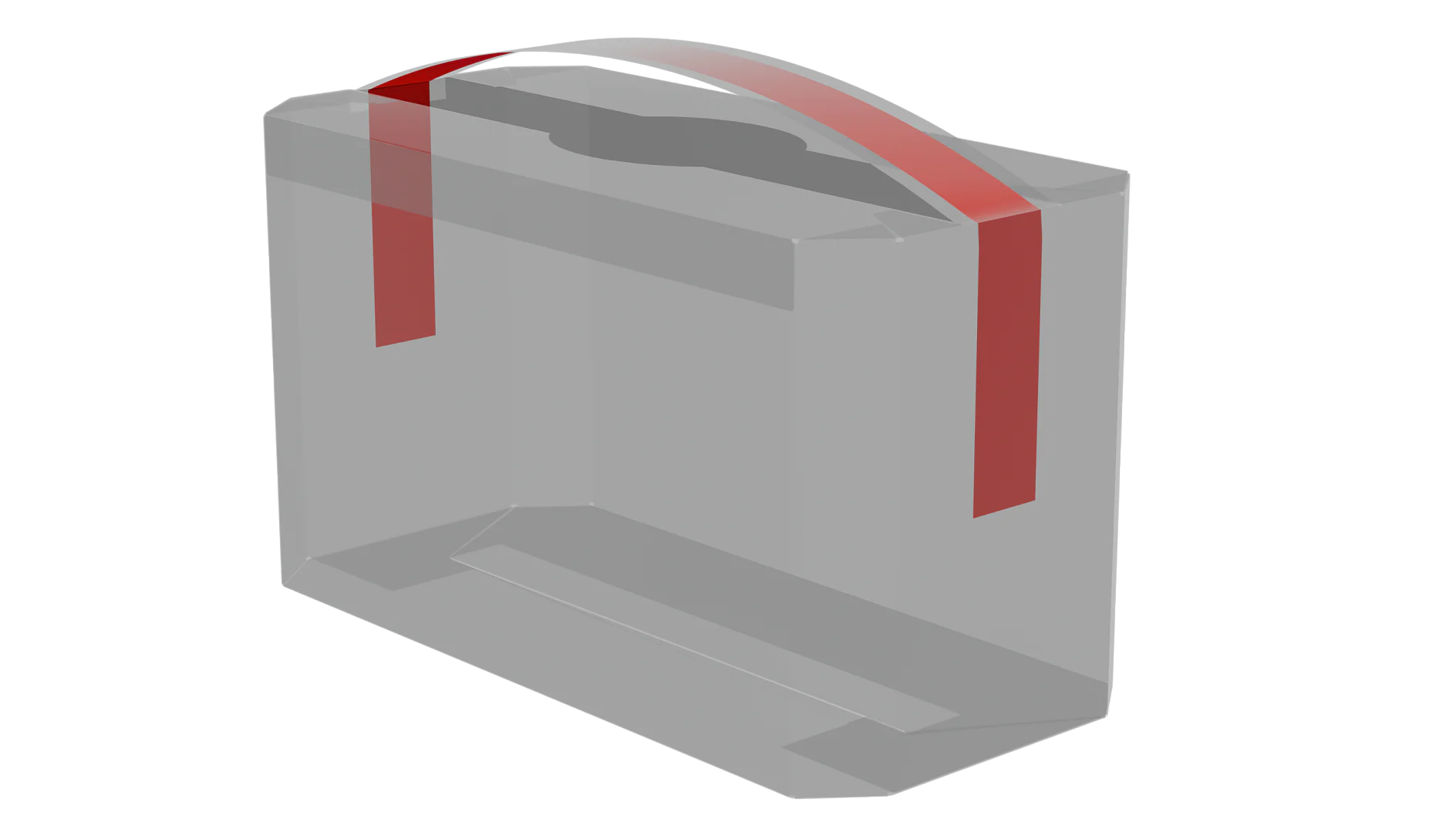 Illustration of a transparent plastic bag with a red handle. The bag has a flat bottom, a rectangular shape, and appears open at the top. (This text has been generated by AI)