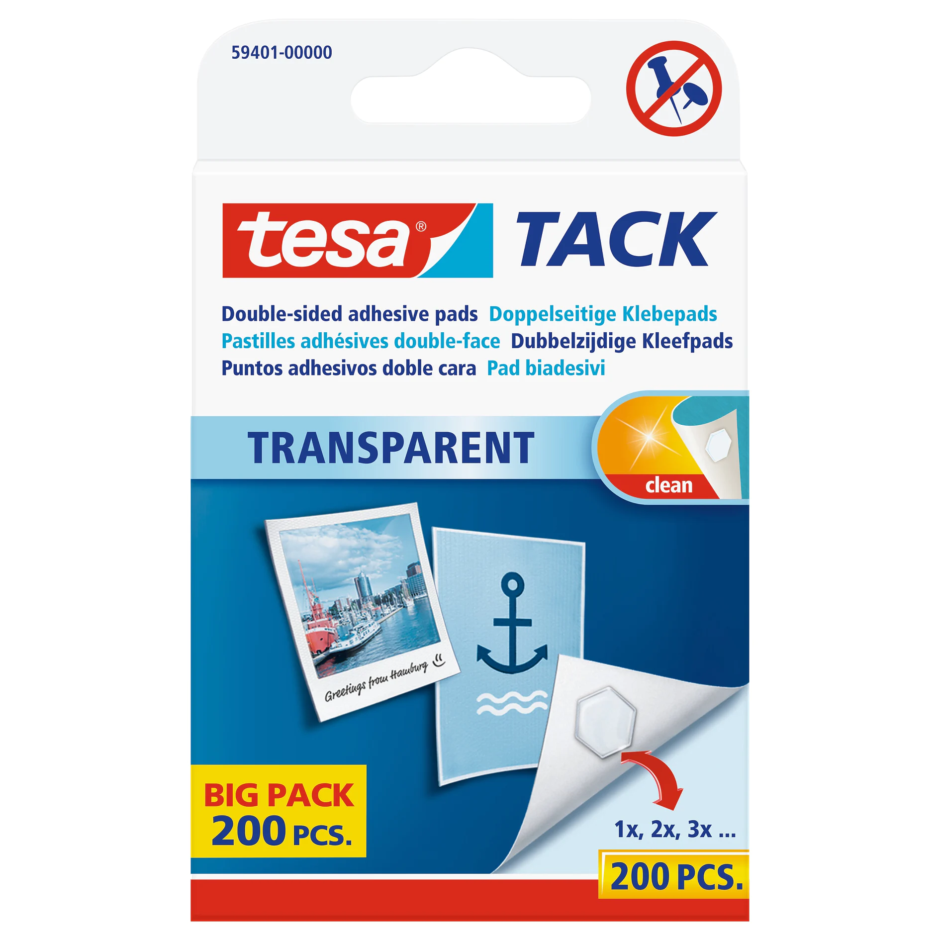 tesa tack transparent double-sided adhesive pads pack with 200 pieces, designed for indoor use to attach photos and lightweight items securely. (This text has been generated by AI)