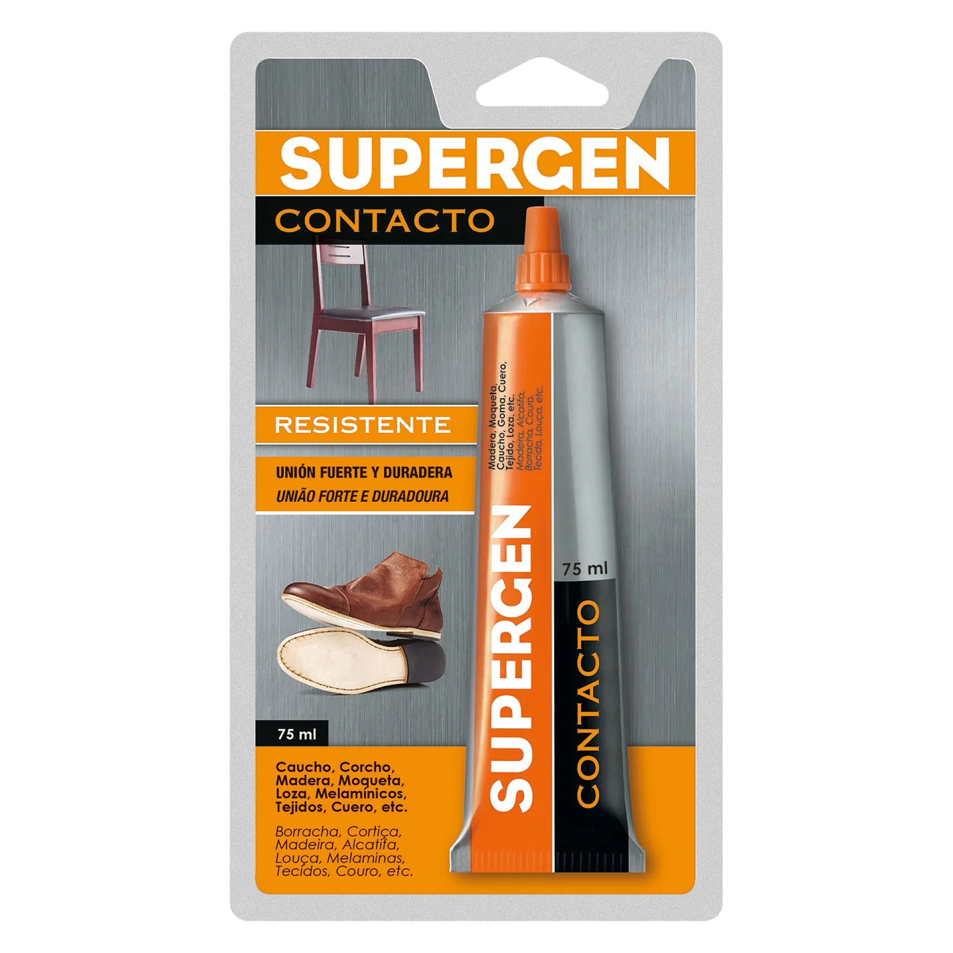 supergen contacto adhesive tube and applicator in packaging, designed for bonding shoes and leather, shown against a white background (This text has been generated by AI)