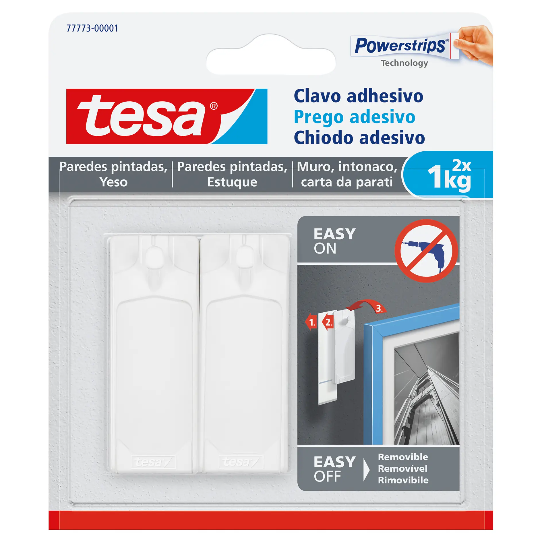 tesa adhesive hooks for painted walls and plaster, holding up to 1kg, shown with easy on/off removable feature on indoor wall. (This text has been generated by AI)