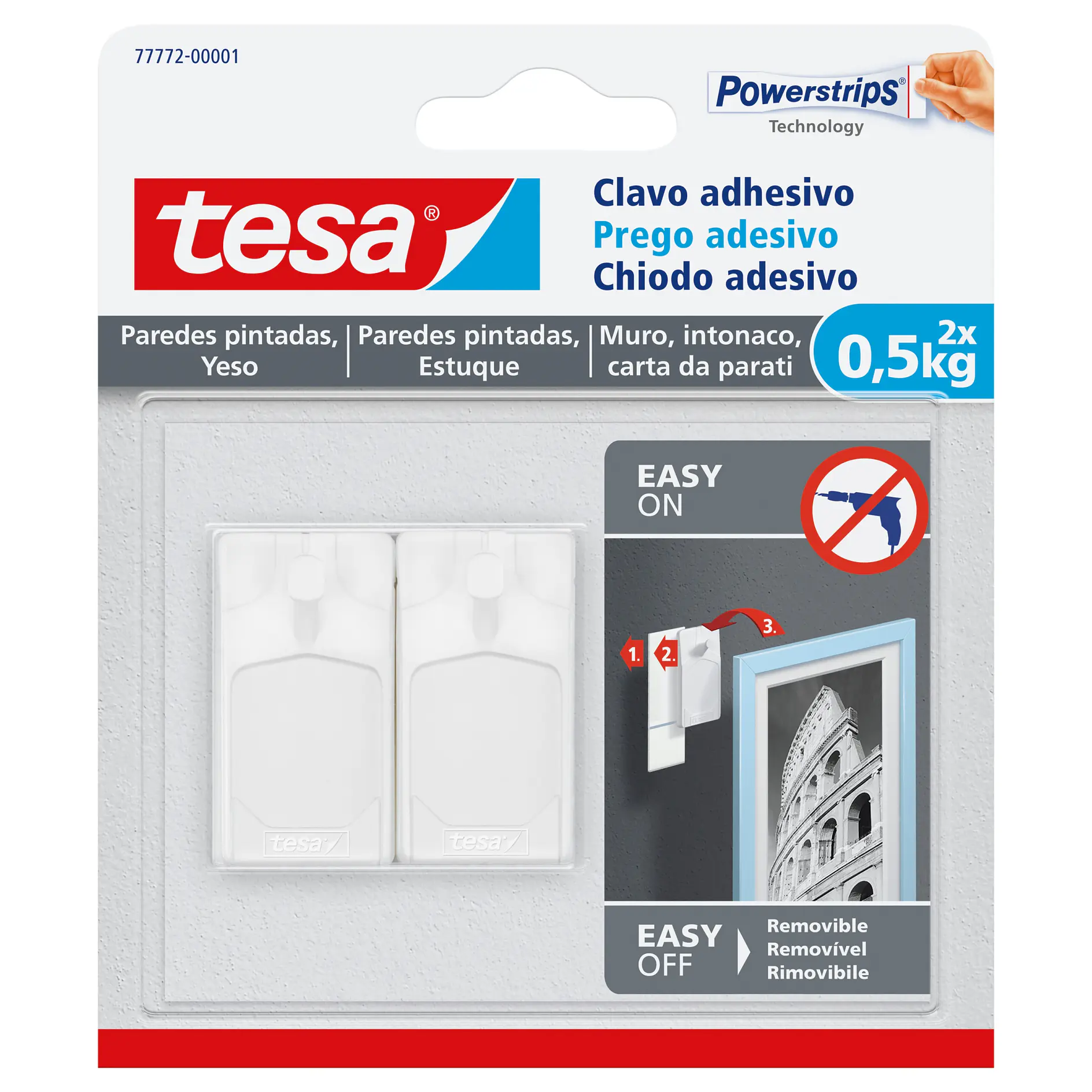 tesa adhesive hooks for painted walls, plaster, and drywall, holding up to 0.5 kg, with easy on/off removable design in retail packaging (This text has been generated by AI)