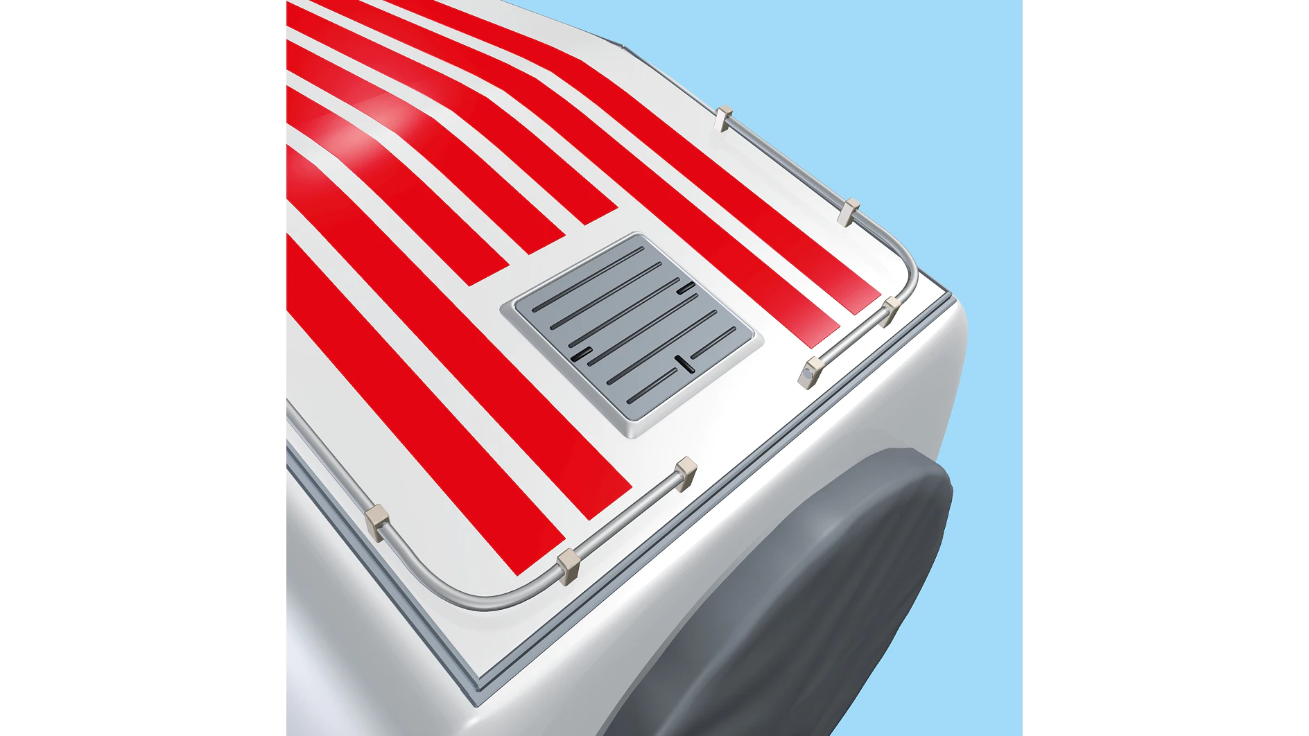 A close-up of a white surface with bold red stripes, featuring a rectangular gray vent or grille in the center. The surface has an outlined path with small mounting clips secured by tesa tape. A light blue background is visible. (This text has been generated by AI)