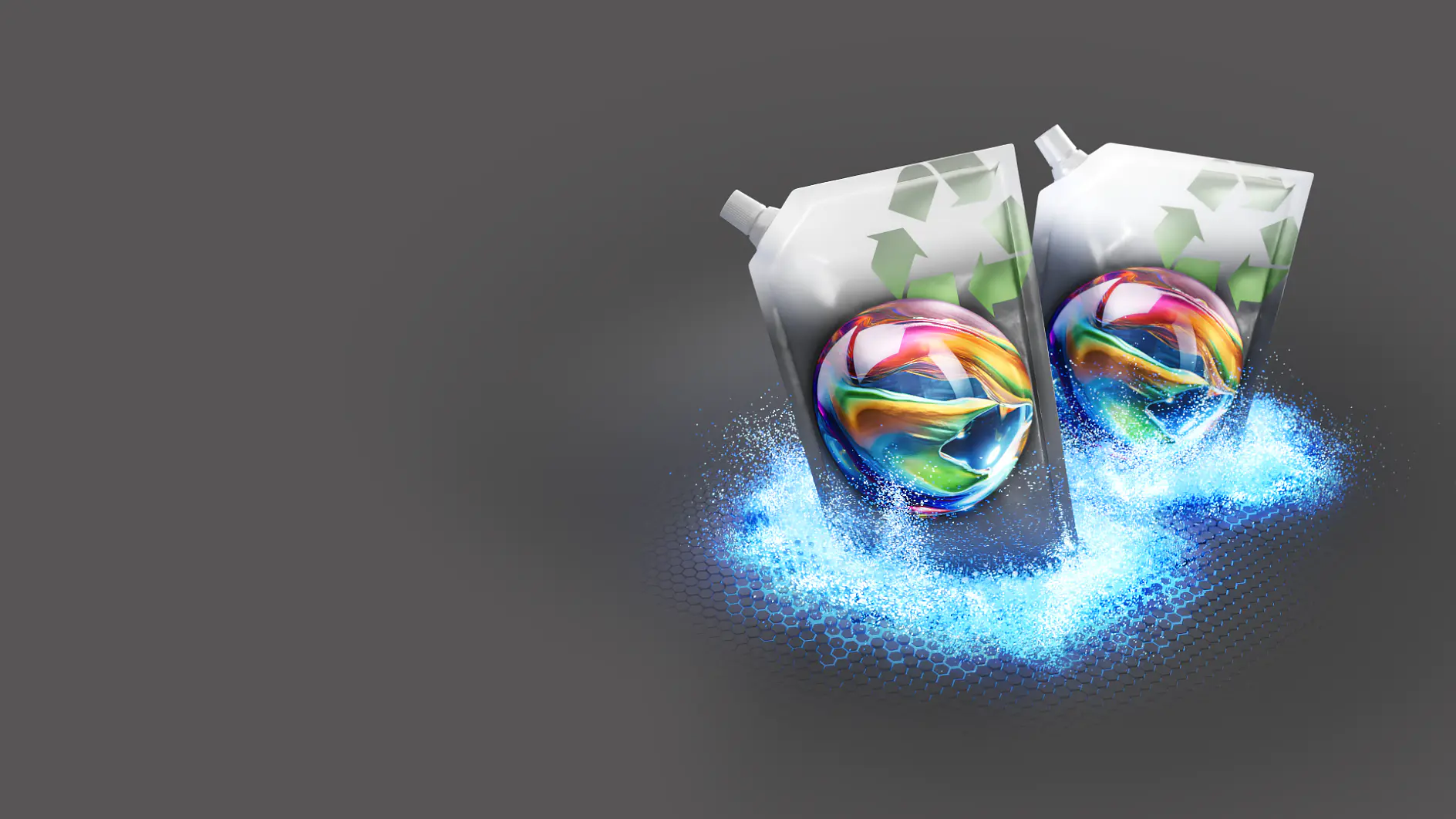 Two white cartons with colorful swirls and recycling symbols on a gray background are surrounded by blue particles. Each carton is securely sealed with tesa tape, ensuring durability and quality.