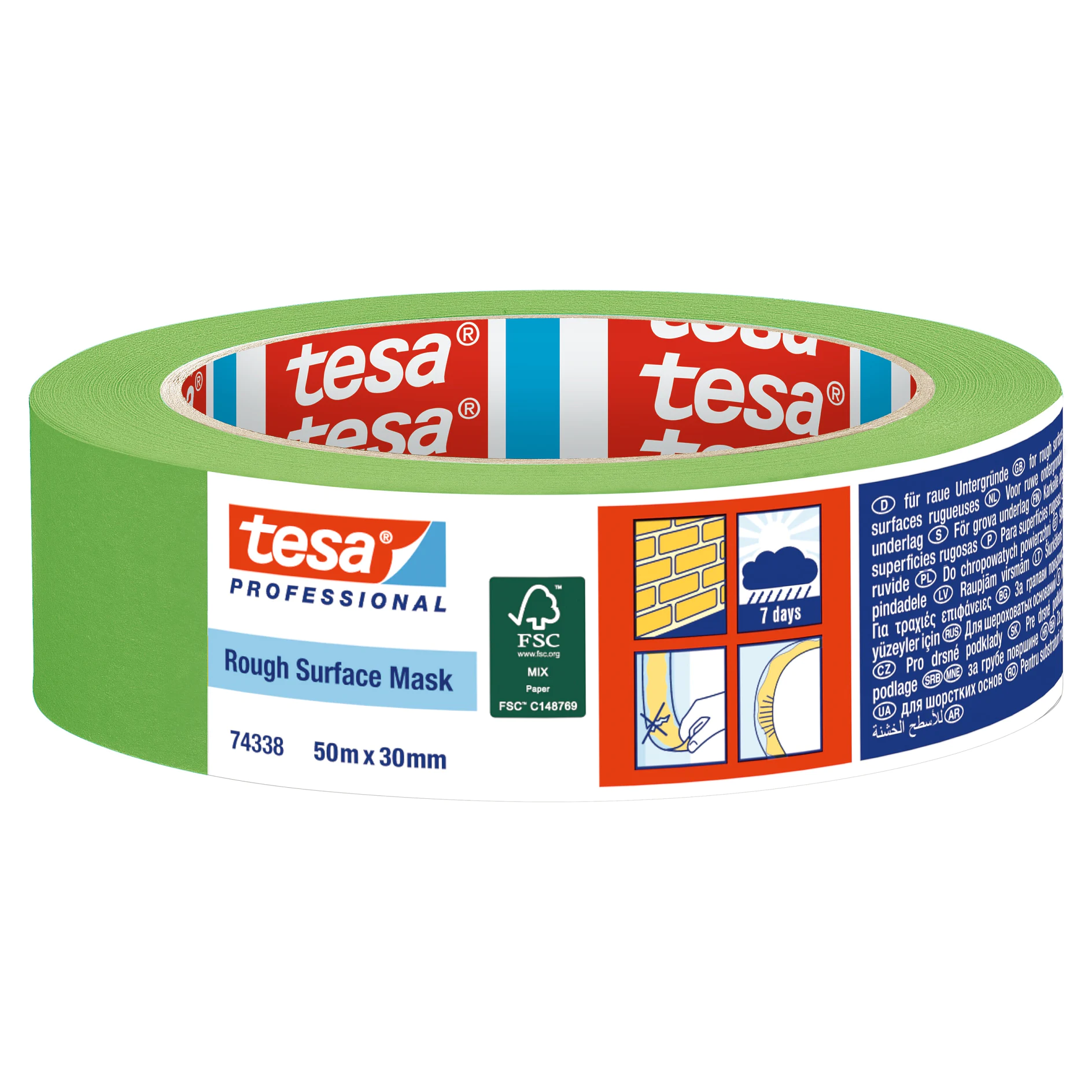 tesa professional rough surface masking tape roll, green, 50m x 30mm, showing product label and usage icons on an isolated white background (This text has been generated by AI)