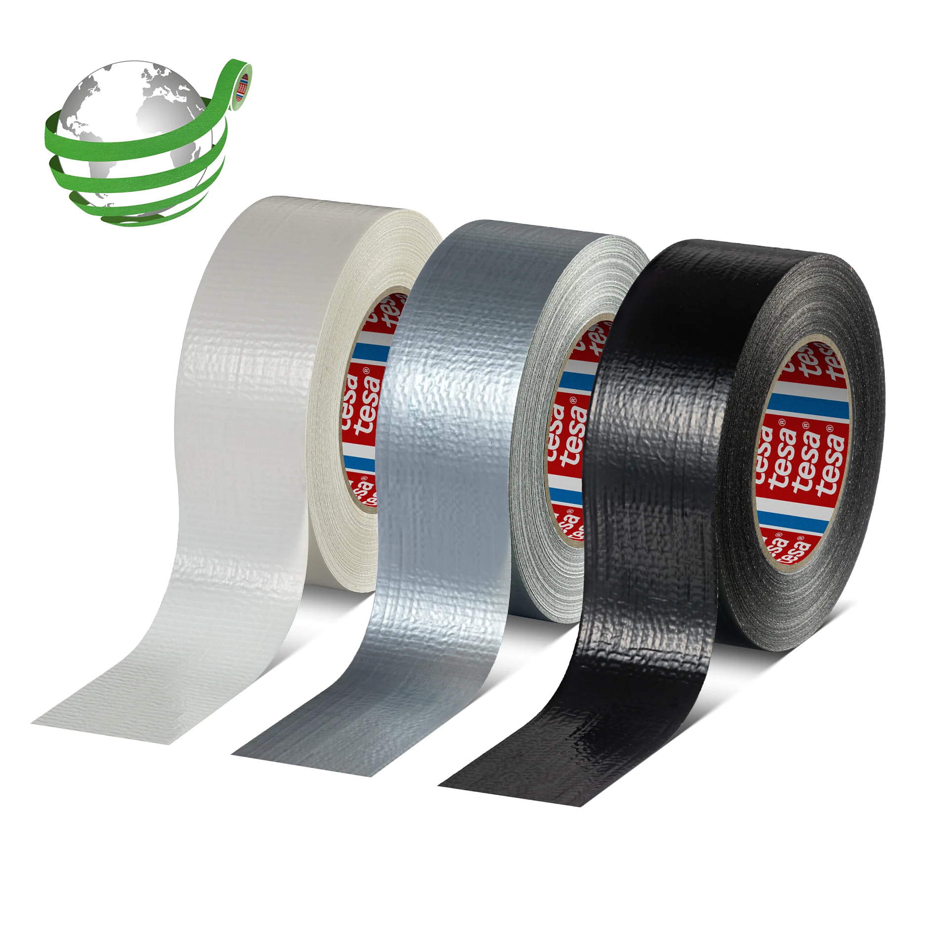 Three rolls of tesa duct tape in white, silver, and black, partially unrolled, displayed on a white background. (This text has been generated by AI)