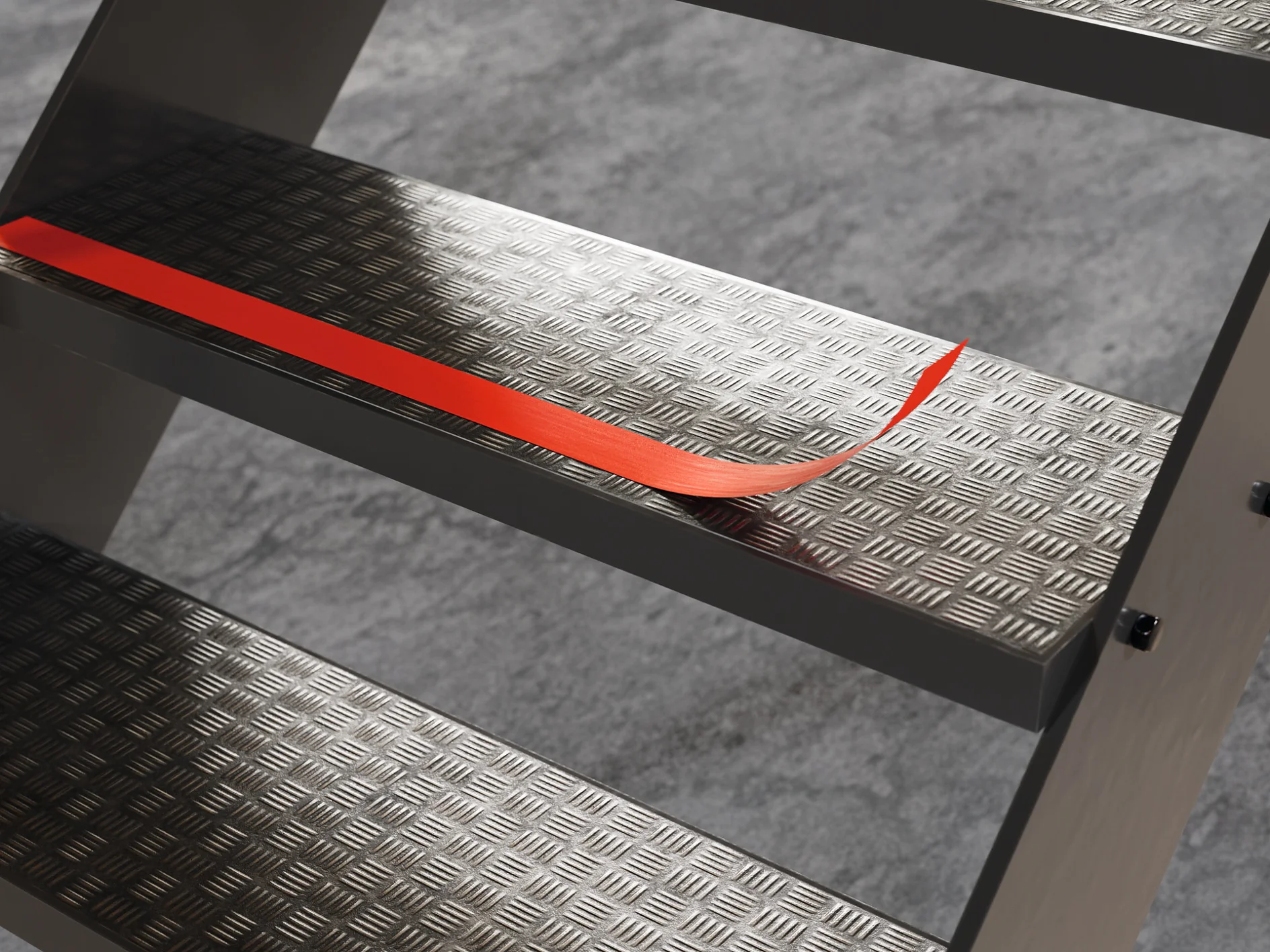 metal ladder steps with textured surface and a red tesa tape strip applied on one step indoors (This text has been generated by AI)