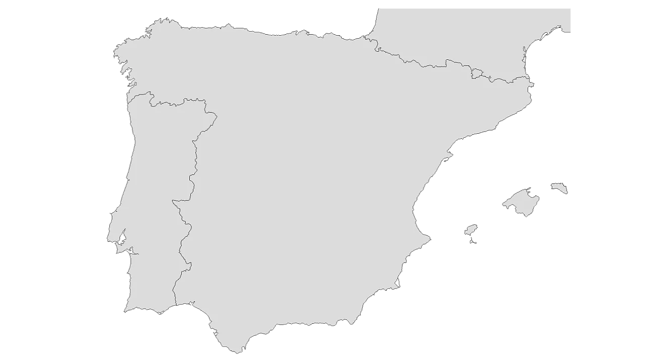 Mapa que muestra la península Ibérica con sus fronteras delineadas. España ocupa la mayor parte de la superficie y Portugal se encuentra en el lado occidental. Las Islas Baleares se encuentran al este de España en el mar Mediterráneo. (This text has been generated by AI)