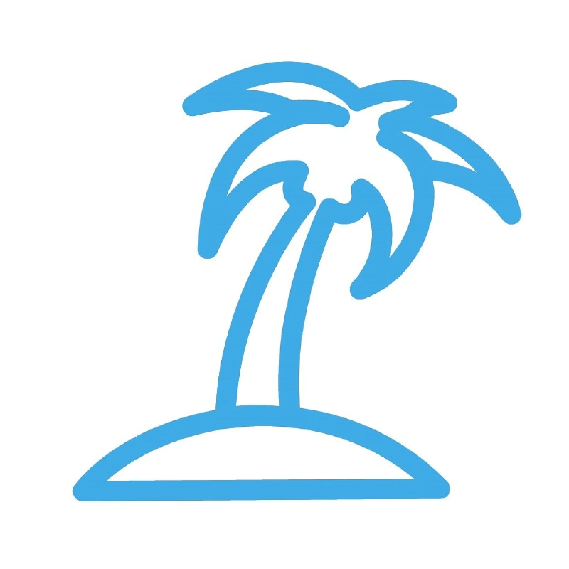 Un icono sencillo de una palmera azul con contorno sobre una pequeña colina o isla. El diseño es minimalista y utiliza líneas gruesas, sobre un fondo blanco liso. (This text has been generated by AI)