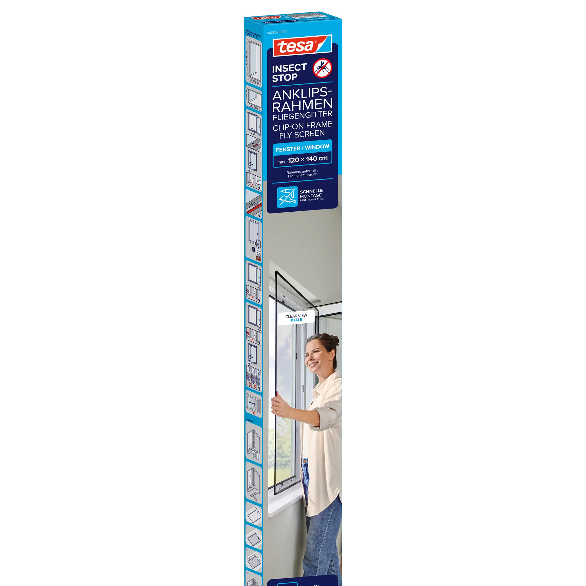 tesa insect protection frame for windows, indoor setting, man installing white window frame screen (This text has been generated by AI)