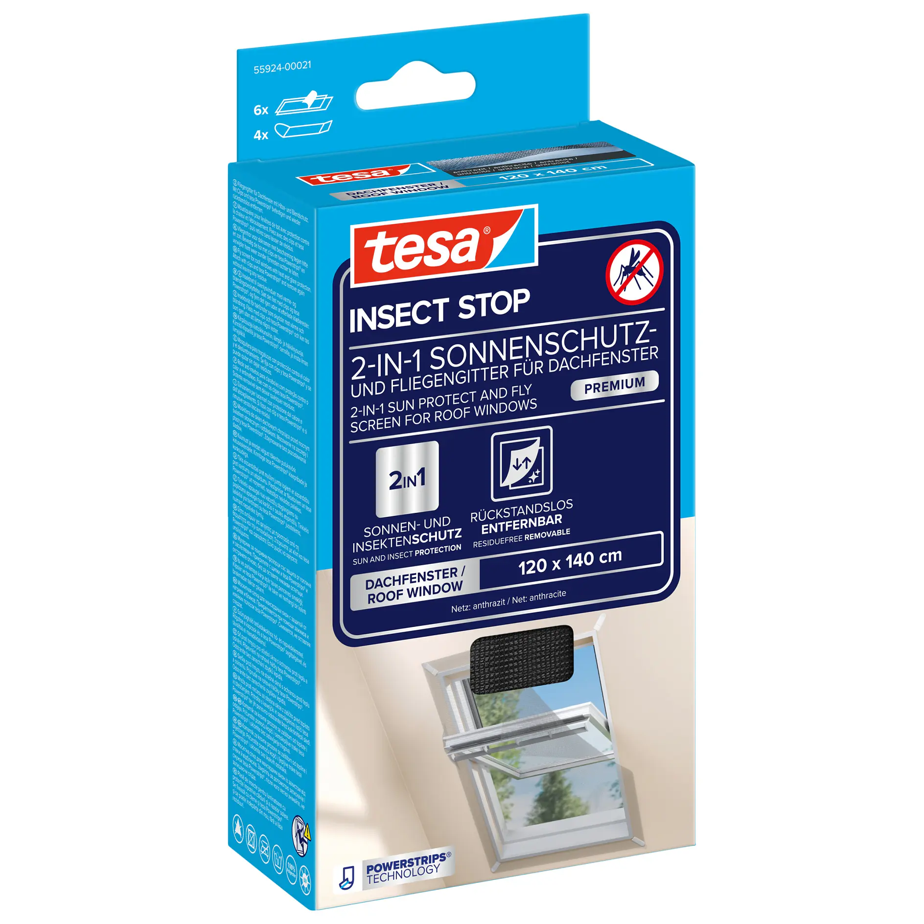 tesa insect stop 2-in-1 sun protection and insect screen for tilt windows, blue packaging with window installation example (This text has been generated by AI)