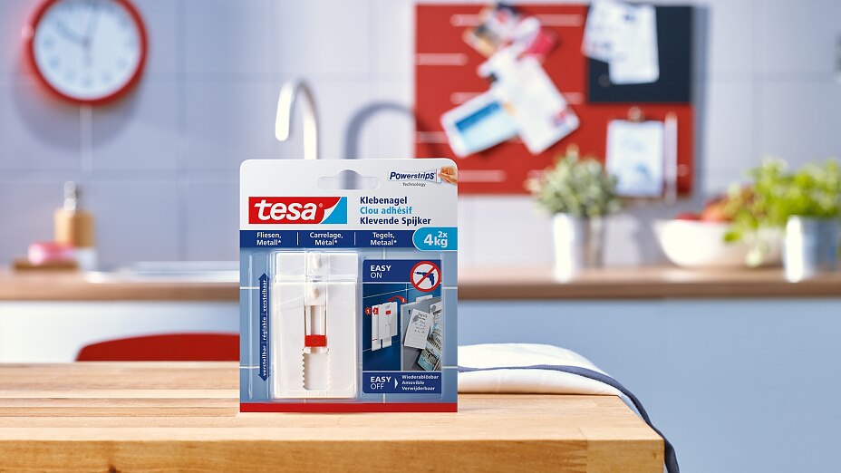 How to use the tesa® Adjustable Adhesive Nail for Tiles & Metal 4kg. How to use the tesa® Adjustable Adhesive Nail for Tiles & Metal 4kg.