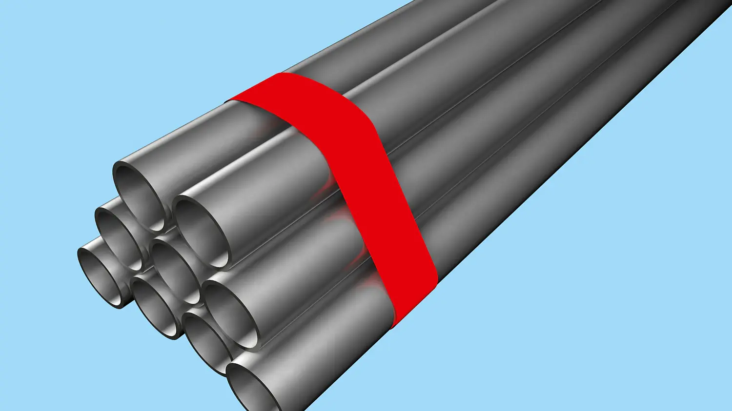 A bundle of gray metal pipes tied together with a red tesa tape strap is shown against a light blue background. The pipes are arranged in a parallel formation.