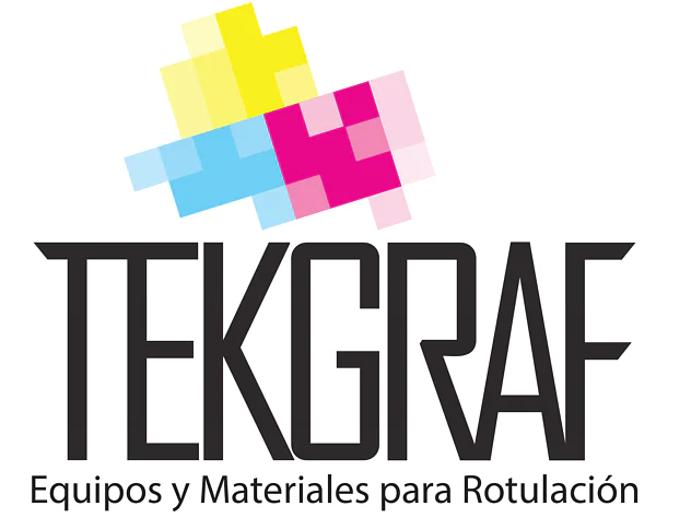 La imagen muestra el logotipo de TEKGRAF, con bloques pixelados en amarillo, rosa y azul sobre la palabra TEKGRAF en letras negras y negritas. Debajo se encuentra el texto Equipos y Materiales para Rotulación en letra negra más pequeña. (This text has been generated by AI)