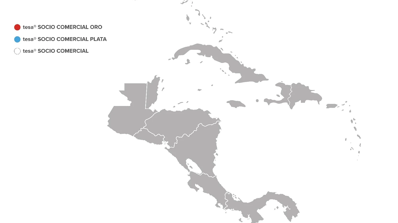 Mapa que destaca los países de América Central. Tres marcadores de colores indican diferentes categorías: Socio Comercial Oro, Socio Comercial Plata y Socio Comercial (estándar). Los bordes están delineados con cinta tesa gris. (This text has been generated by AI)
