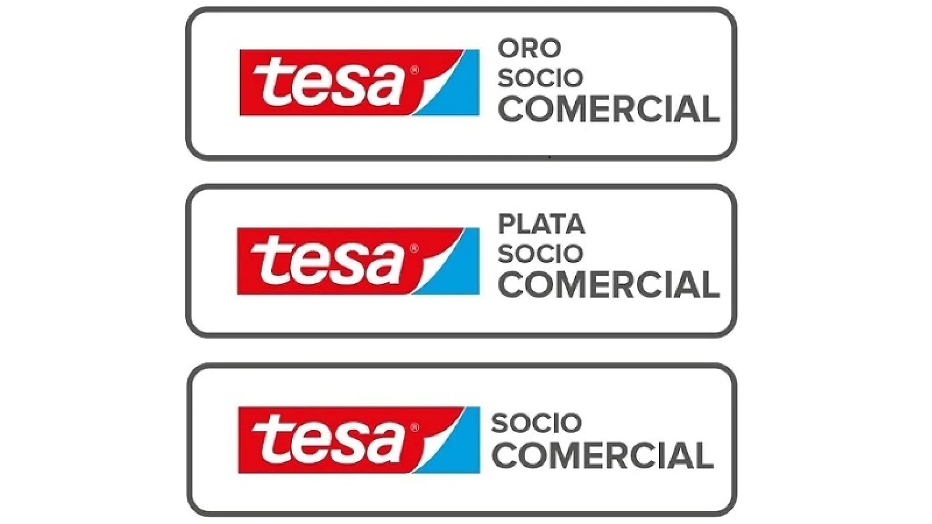 Tres etiquetas muestran el logotipo de tesa. La etiqueta superior dice Oro Socio Comercial, la del medio dice Plata Socio Comercial y la inferior dice Socio Comercial. Cada una tiene el logotipo de tesa en rojo con una esquina azul. (This text has been generated by AI)
