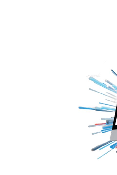 Un monitor de computadora muestra una página web con un gráfico salpicado de azul junto con el texto ¿Puedes oírme? en el lado izquierdo. Varias formas abstractas azules y rojas se extienden desde la parte posterior del monitor, creando un efecto dinámico. (This text has been generated by AI)